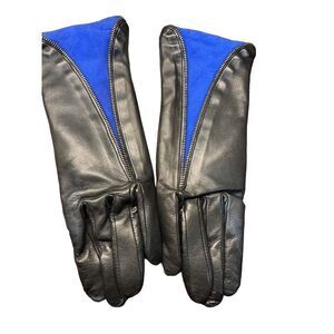 Agnelle Atelier Black Leather Gloves w/ Cobalt Blue Sued Size 7.5